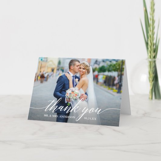 Moderne kalligrafie 4 Fotobruiloft gevouwen Bedankkaart (Voorkant)
