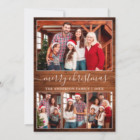 Moderne kalligrafie 4 Kerstfeest met fotohout Feestdagenkaart (Voorkant)