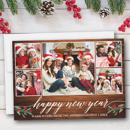 Moderne kalligrafie 5 foto hout gelukkig nieuwjaar feestdagenkaart