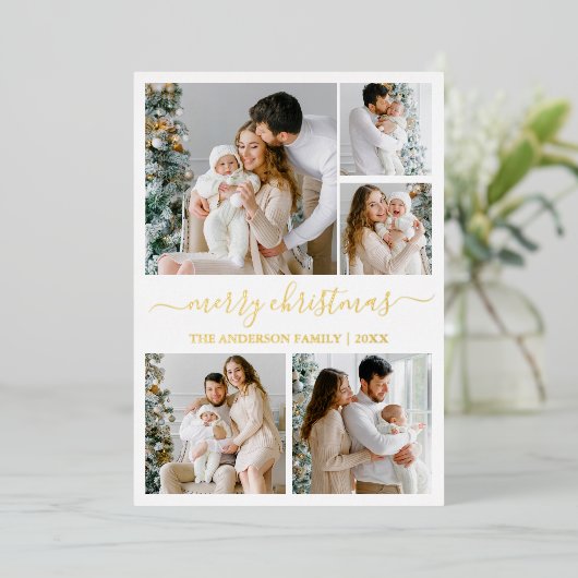 Moderne kalligrafie 5 Kerstfeestelijke foto's Folie Feestdagenkaart (Staand Voorkant)