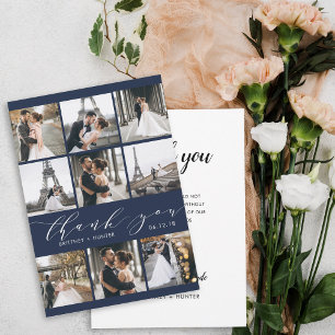 Moderne kalligrafie 9 Foto Collage Navy Blue Bedankkaart