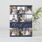 Moderne kalligrafie 9 Foto Collage Navy Blue Bedankkaart (Staand voorkant)