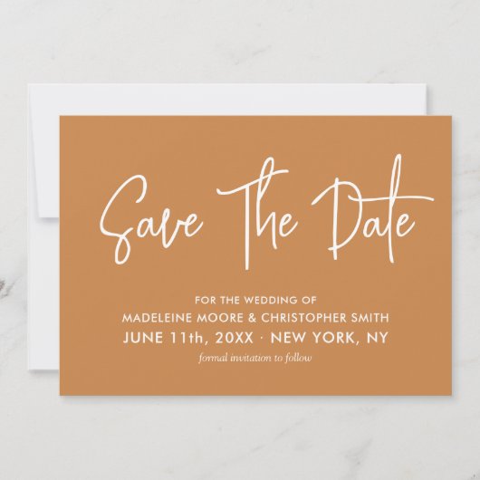 Moderne kalligrafie Aardse Sinaasappels scanbare Q Save The Date (Voorkant)