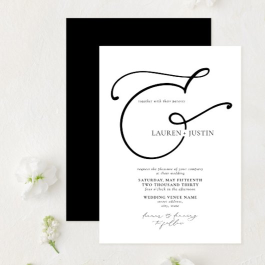 Moderne kalligrafie Ampersand Black White Wedding Kaart