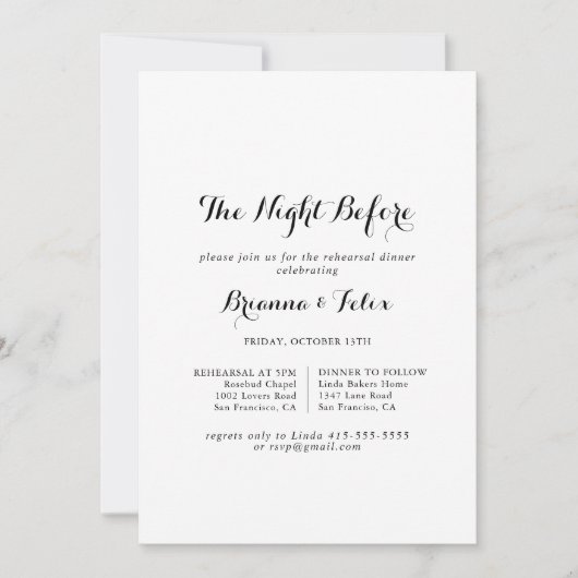 Moderne kalligrafie avond voor repetitie diner kaart (Voorkant)