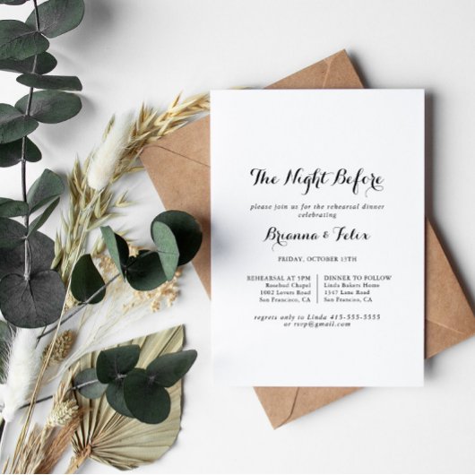 Moderne kalligrafie avond voor repetitie diner kaart