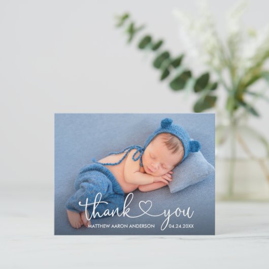 Moderne kalligrafie Baby Foto bedankt Briefkaart (Staand voorkant)