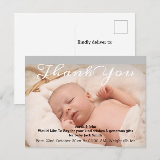 Moderne kalligrafie Baby Geboortefoto Dank u Aankondigingskaart (Voorkant / Achterkant)