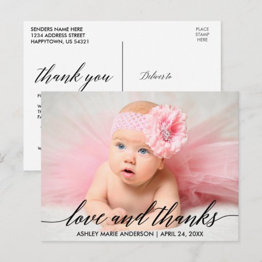 Moderne kalligrafie Baby Liefde en Dank Foto Briefkaart (Voorkant / Achterkant)
