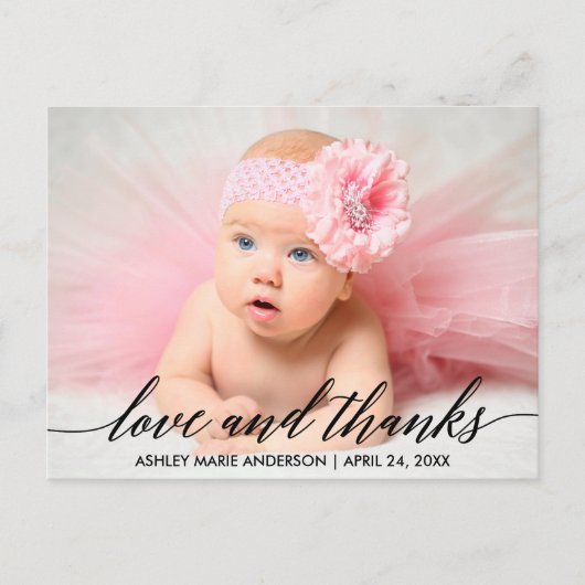 Moderne kalligrafie Baby Liefde en Dank Foto Briefkaart (Voorkant)