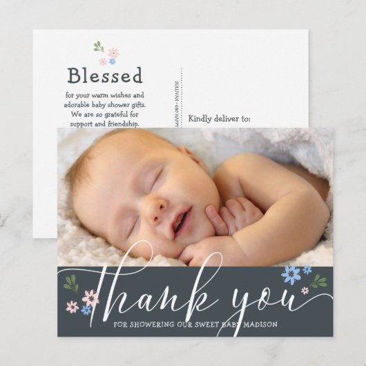 Moderne kalligrafie Baby shower Dank u wel Briefkaart (Voorkant / Achterkant)