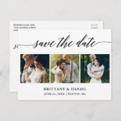 Moderne kalligrafie Bewaar de datum 3 foto Aankondigingskaart (Voorkant / Achterkant)