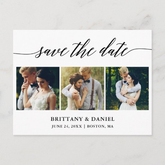 Moderne kalligrafie Bewaar de datum 3 foto Aankondigingskaart (Voorkant)