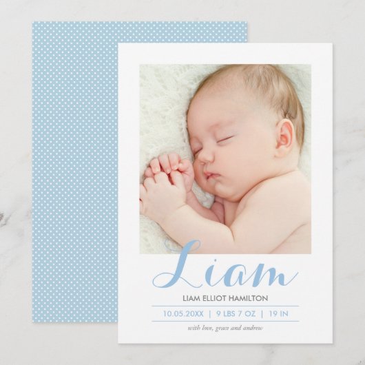 Moderne kalligrafie blauw | Aankondiging geboorte (Voorkant / Achterkant)