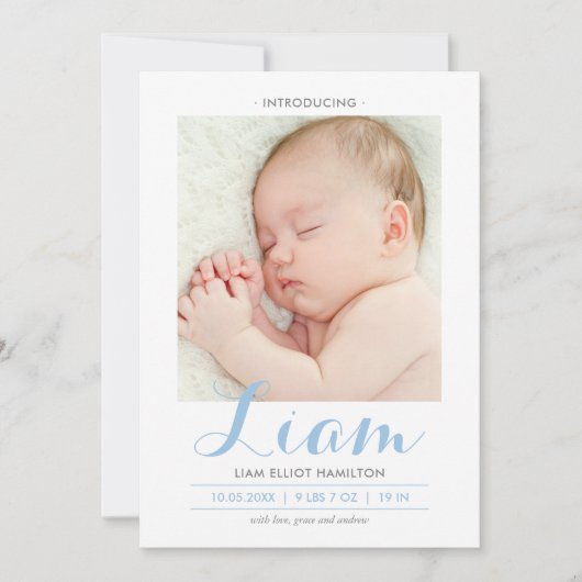 Moderne kalligrafie blauw | Aankondiging geboorte (Voorkant)