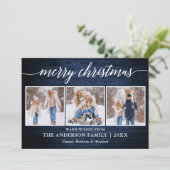 Moderne kalligrafie Blauw hout 3 Foto Feestdagenkaart (Staand voorkant)