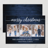 Moderne kalligrafie Blauw hout 3 Foto Feestdagenkaart (Voorkant / Achterkant)