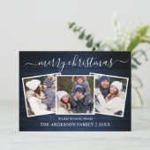 Moderne kalligrafie Blauw hout 3 Kerstmis Feestdagenkaart (Staand voorkant)