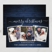 Moderne kalligrafie Blauw hout 3 Kerstmis Feestdagenkaart (Voorkant / Achterkant)