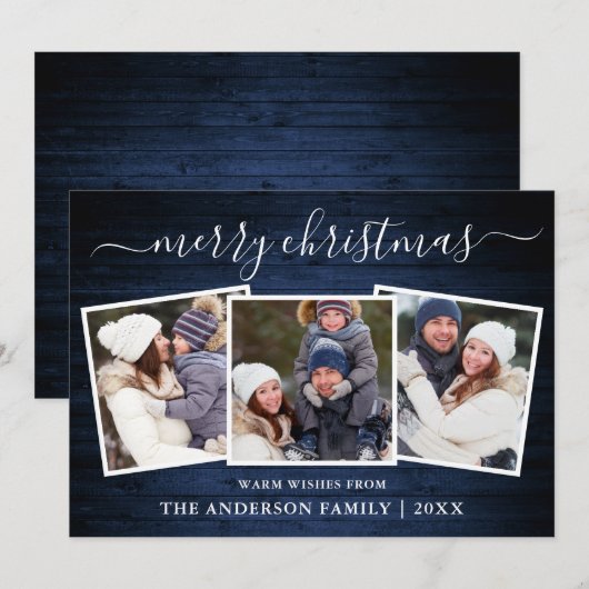 Moderne kalligrafie Blauw hout 3 Kerstmis Feestdagenkaart (Voorkant / Achterkant)
