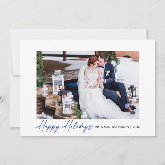 Moderne kalligrafie Blauwe inkt Script bruiloft fo Feestdagenkaart (Voorkant)