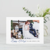 Moderne kalligrafie Blauwe inkt Script bruiloft fo Feestdagenkaart (Staand voorkant)