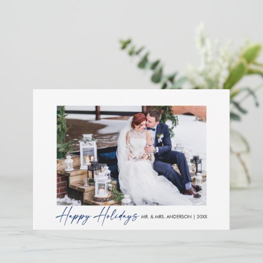 Moderne kalligrafie Blauwe inkt Script bruiloft fo Feestdagenkaart (Staand voorkant)