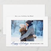 Moderne kalligrafie blauwe inkt Script Couple Phot Feestdagenkaart (Voorkant / Achterkant)