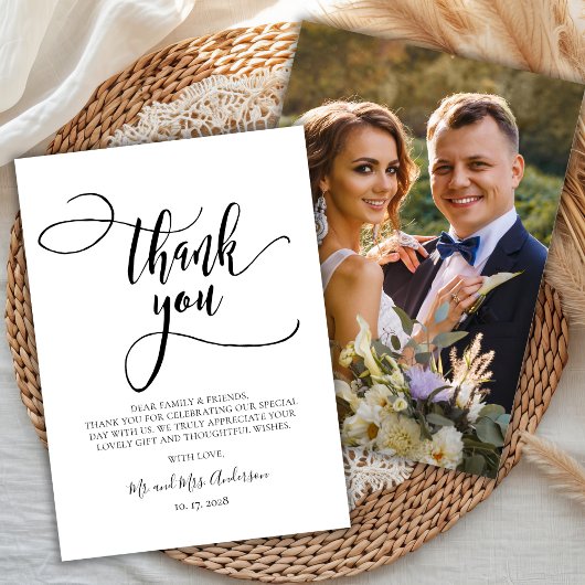 Moderne kalligrafie Boheemse Script Foto Bruiloft Bedankkaart