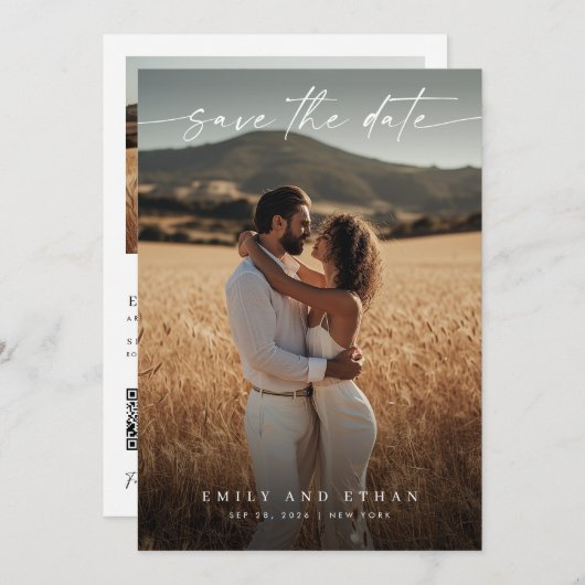 Moderne kalligrafie Boho QR Code Foto Save The Date (Voorkant / Achterkant)
