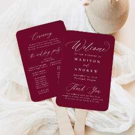 Moderne kalligrafie bordeauxrode huwelijksprogramm handwaaier