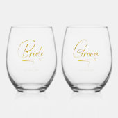 Moderne kalligrafie bruid & bruidegom goud ID1025 Wijnglas Zonder Voet (Voorkant)