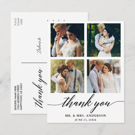 Moderne kalligrafie bruiloft 4 Foto bedankt Briefkaart (Voorkant / Achterkant)