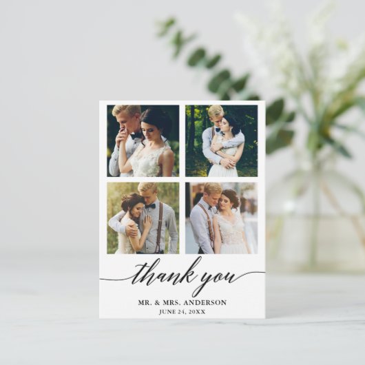 Moderne kalligrafie bruiloft 4 Foto bedankt Briefkaart (Staand voorkant)
