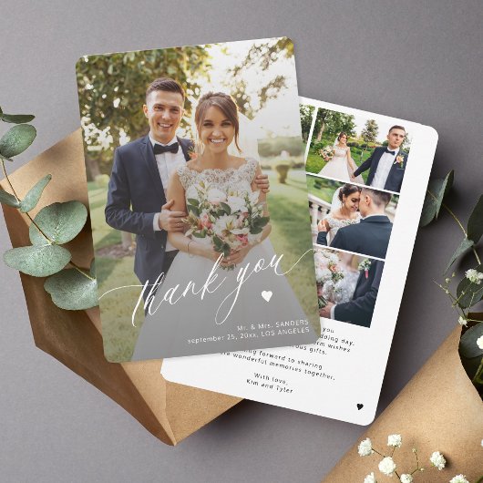 Moderne kalligrafie bruiloft 6 fotocollage bedankkaart