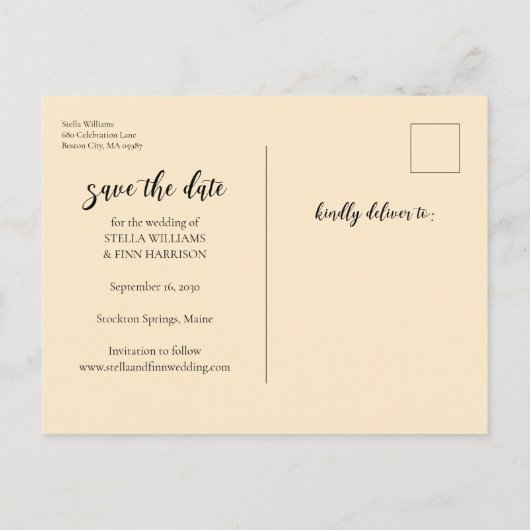 Moderne kalligrafie bruiloft Bewaar de datumfoto Aankondigingskaart (Achterkant)