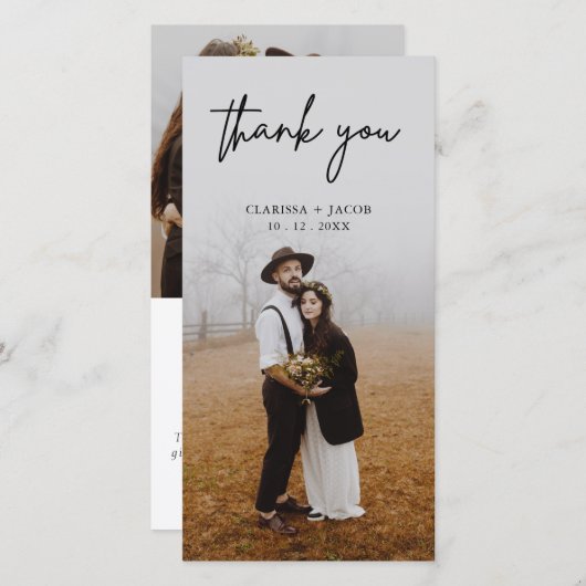 Moderne kalligrafie bruiloft dank u foto-kaart bedankkaart (Voorkant / Achterkant)