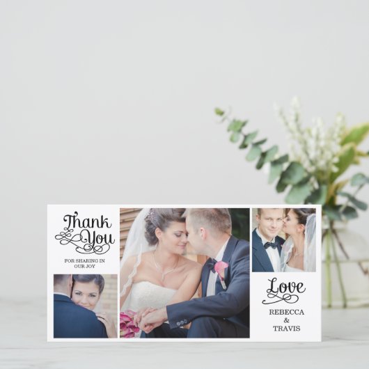 Moderne kalligrafie bruiloft dank u kaarten zwart (Staand voorkant)