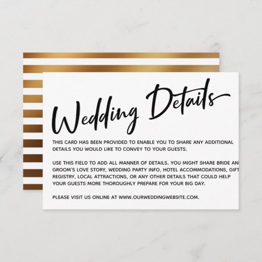 Moderne kalligrafie-bruiloft details, gouden strep RSVP kaartje (Voorkant / Achterkant)