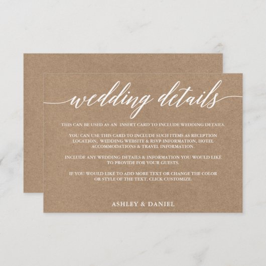 Moderne kalligrafie bruiloft details Kraft Informatiekaartje (Voorkant / Achterkant)
