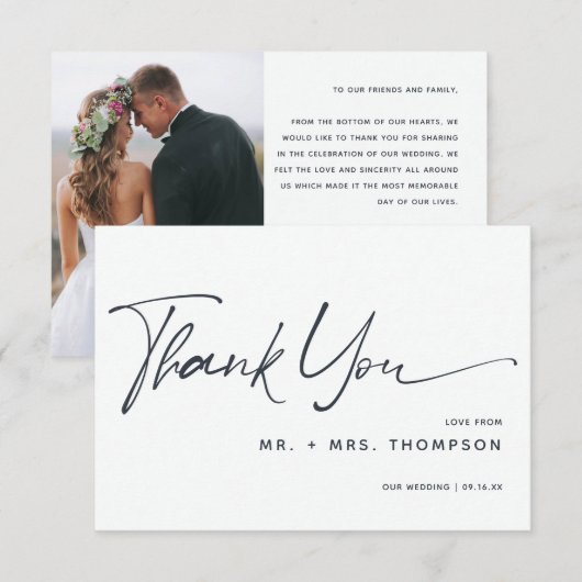 Moderne kalligrafie bruiloft foto bedankkaart (Voorkant / Achterkant)