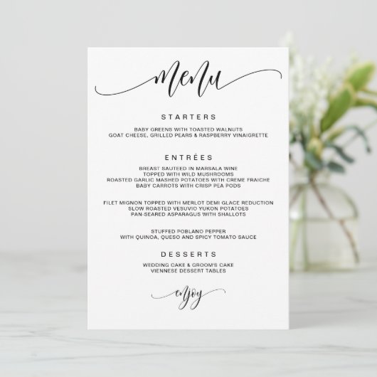 Moderne kalligrafie bruiloft menu (Staand voorkant)
