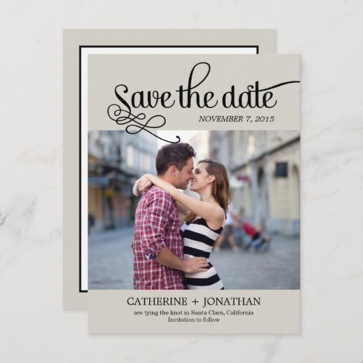 Moderne kalligrafie bruiloft save the date - Khaki Aankondigingskaart (Voorkant / Achterkant)