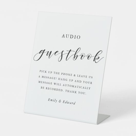 Moderne kalligrafie bruiloft telefoon gastenboek reclamebord met voetstuk (Voorkant)