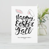 Moderne kalligrafie Bunny Ears Happy Easter Y Feestdagenkaart (Staand voorkant)