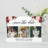 Moderne kalligrafie Burgundy Floral 3 Foto Save The Date (Staand voorkant)