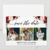 Moderne kalligrafie Burgundy Floral 3 Foto Save The Date (Voorkant / Achterkant)