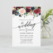 Moderne kalligrafie Burgundy Floral Blue Wedding Kaart (Staand voorkant)