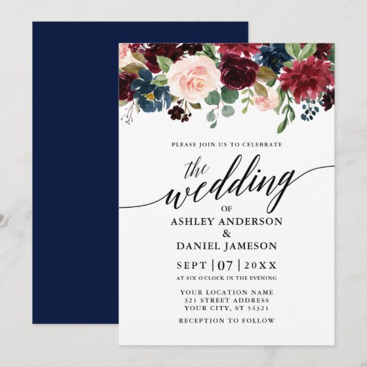 Moderne kalligrafie Burgundy Floral Blue Wedding Kaart (Voorkant / Achterkant)