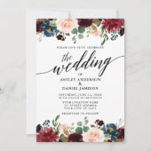 Moderne kalligrafie Burgundy Floral Blue Wedding Kaart (Voorkant)